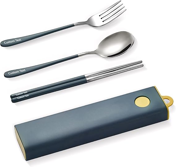 Muka Set of 3 Personalized Portable Utensils with Chopsticks, Spoon & Fork | SUS 304 Stainless Steel, Mirror Polished, Portable Case Included, Custom Text or Logo, Travel, Work Lunch, Gift