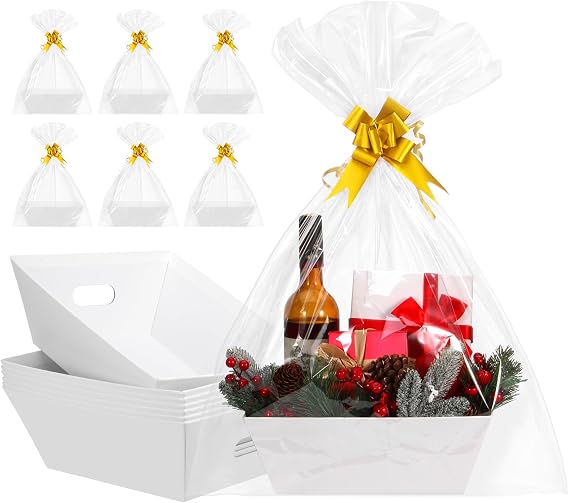 AFOROEOA 10PACK White Baskets For Gifts Empty, 10x12Thick Kraft Gift Basket with 10 Bows 10 Bags Empty Gift Baskets for Christmas, Easter, Birthdays, Snacks, Farmers Market