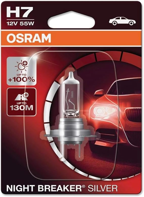 Osram H7 Night Breaker Silver Headlight Bulb, 12V 55W, 100% More Light, 130m Distance