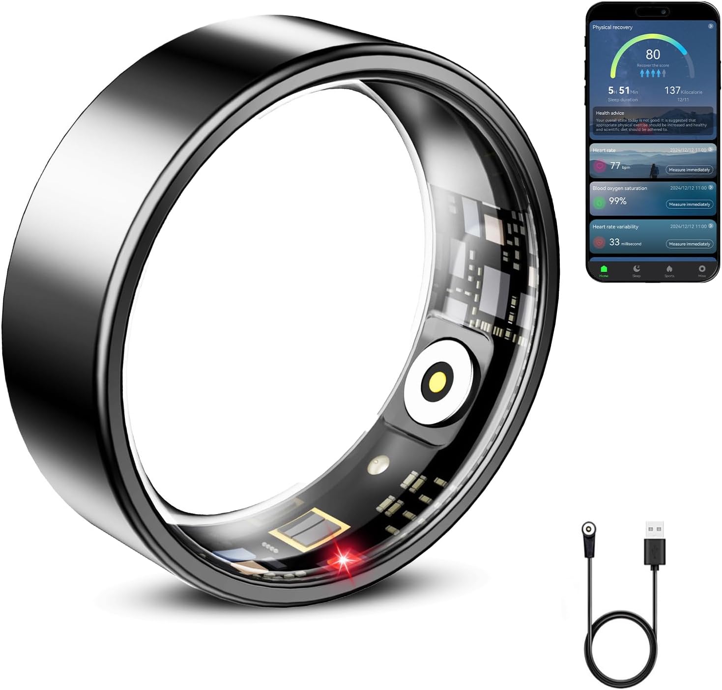 Smart Ring for Women & Men, Smart Ring Health Tracker, Blood Oxygen & Heart Rate Monitor Sleep Ring, Waterproof Fitness Ring, Long Lasting Battery Smart Rings Black, #7