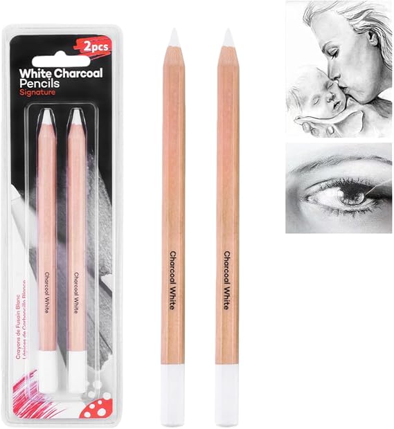 2PCS Professional White Charcoal Pencil,Sketch Highlight Pencils for Drawing,Sketching,Shading&Blending,Core Chalk Pencil for Beginners,Artists,Students,Suitable for Charcoal Drawing&Art Supplies