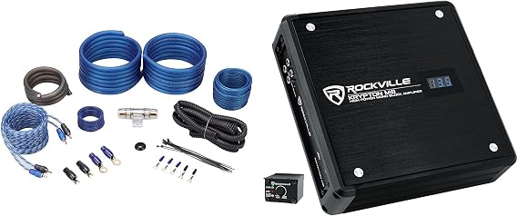 Rockville Krypton-M0 1 Ohm Mono Car Amplifier Bundle with RWK41 Wiring Kit | 1400W Peak / 350W RMS, Class D, Bass Knob with Clip Indicator, Digital Voltage Display, 4 Gauge Wiring Kit, 2-Items