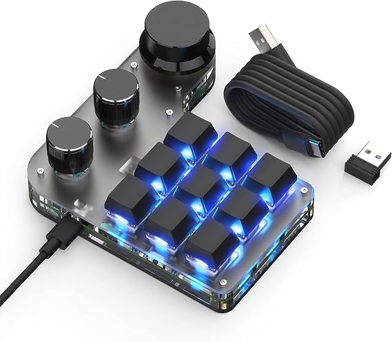 9-Keys USB Mini Keypad, Programming Macro Pad with 3 Knobs, RGB Macro Mechanical Gaming Keyboard for OSU NKRO, Hot-Keys One-Handed Mechanical Keyboard (9Key 2.4G)