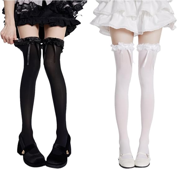 Lolita Fashion Thigh High Socks with Bow Women Girls Cosplay Over Knee High Stocking Cutecore Lace Up Frilly Socks