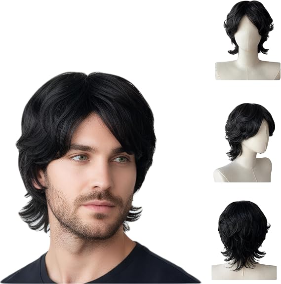 Black Mullet Wig for Men, Men's Curly Wig 70s 80s Wigs for Men Wigs Fancy Dress Pop Rock Hippie for Carnival Halloween Party Daily Use (Black)