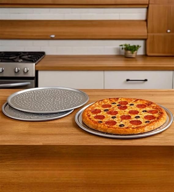 Paslanmaz Çelik Pizza Tepsisi,Delikli Lahmacun Ve Pizza Tavası,Fırın Tepisisi 3'lü Set 28,32,36 cm