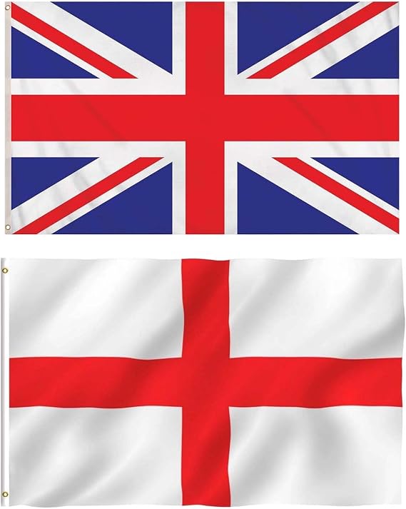 2 Pack of 5x3ft Flags, 1x Union Jack Flag, 1x England St George, Indoor Outdoor Double Side with Eyelets Great Britain St Georges Flag