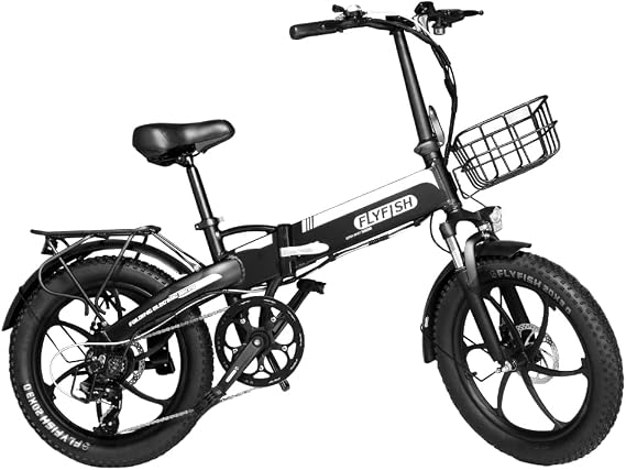 FLYFISH 20-Inch Folding Electric Bicycle Lightweight Easy to Carry Load Capacity Approx. 330 lbs 150 kg External 7-Speed Shifter with Basket and Carrier Suitable for Urban Riding, Commuting, School