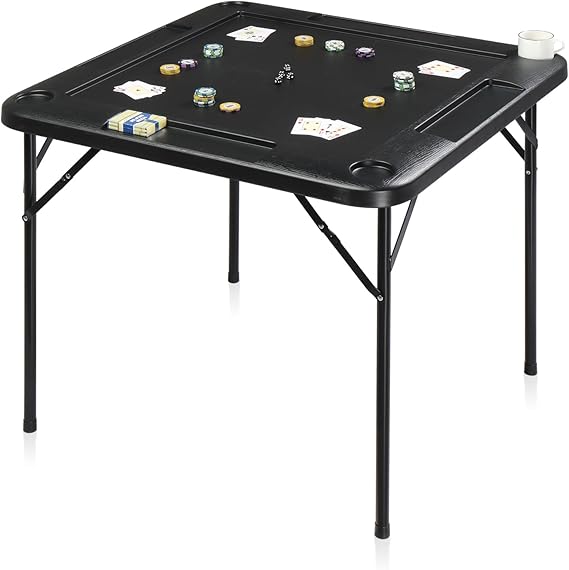 35" Folding Card Table for 4 Players, Outdoor Portable Square Game Table with 4 Cup Holders & 4 Card Slots, Heavy Duty Folding Legs for Patio, Camping, Picnic Party, Backyard BBQ, Black