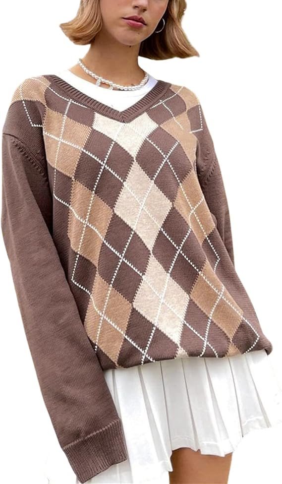 Women's Knit Sweater Pullover Classic Argyle Print Sweater Tops Preppy Vintage Long Sleeve Knitwear 90s Streetwear