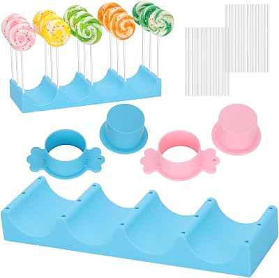 FunisFun Cake Pop Mold Set with 15 Holes Silicone Lollipop Display Stand, 2PCS Cake Pop Cutter & Pusher, Suitable for Party Wedding Birthday Baking Decorating Supplies Blue&Pink