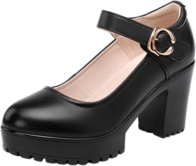 Chunky Heel Platform Mary Jane Shoes for Womens Fashion Round Toe MID Block Heel Anti-Slip Lug Sole Comfortable Pumps with Adjustable Ankle Strap for Work Party Office