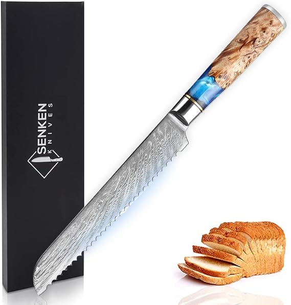SENKEN Damascus Steel Bread Knife - Tsunami Collection - 67-Layer Japanese VG10 Steel Core - Unique Blue Resin & Natural Wood Handle, Razor Sharp, Beautiful Damascus Wave Pattern (7.5" Bread Knife)