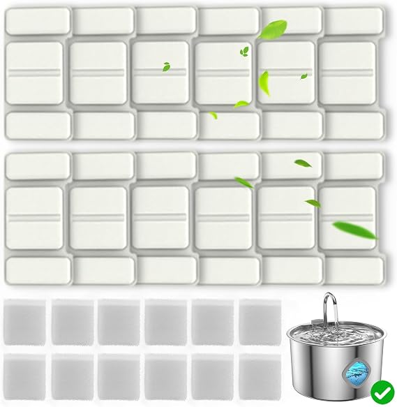 Cat Water Fountain Filters, 12 Pack Replacement Filters & 12 Pack Replacement Sponges Set for 3.2L/ 108oz Automatic Pet Fountain Dog Water Dispenser
