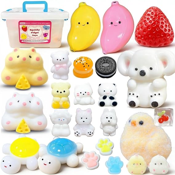 24 Pack Squishy Toys Kit, Ultra-Soft Squishies with Keychain & Storage Box, Sticky Squishy Sensory Squeeze Toys, Include Hamster, Strawberry, Chick Squishies for Stress Relief Party Favors