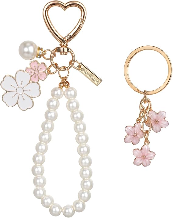 Piriuuo 2 Pcs Cute Pearl Keychains for Women, Flower Keychain Kit Imitation Pearl Chain Key Chain Golden Car Key Chain Flower Keychain Charm for Girls Purse Bag Accessories