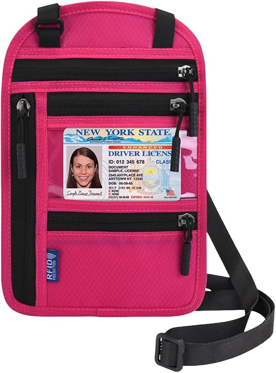 RFID Blocking Neck Wallet - XL Concealable Travel Passport Holder, Anti-Theft Under Clothes Pouch for Money, Cards & Documents (XL Rose Red, Cruise/Euro Trip Ready)