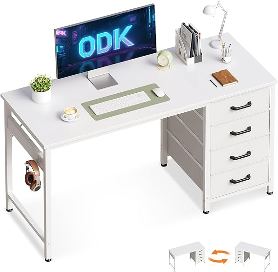 ODK Computer Desk with Drawers, Reversible Office Desk, 120 x 48 cm, White | PC Desk with Storage, Study Desk for Home Office, Headphone Hook for Convenience, Compact Bedroom Table