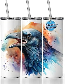 Angry Raven Watercolor Skinny Tumbler 20oz with Straw Insulated Water Bottle Gift