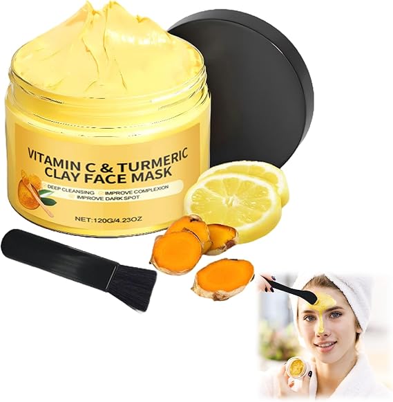 Turmeric Vitamin C Clay Mask, Turmeric Clay Mask with Kaolin Clay, Vitamin C Facial Masks for Dark Spots, Controlling Acne, Oil and Refining Pores, Even out Skin Tone Face Care Deep Cleansing, 120g