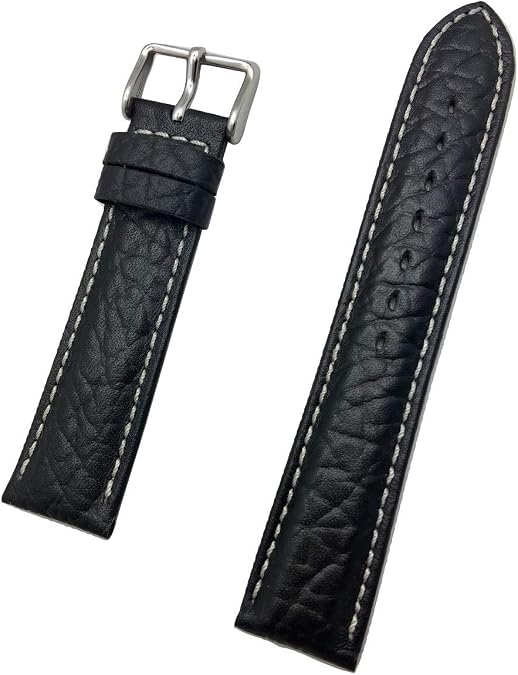 20mm Black Genuine Leather Watchband Center Padded Replacement Watchstrap | Mens Standard Length