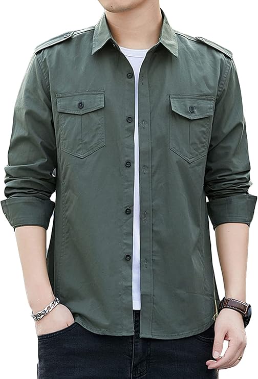 Men's Shoulder Strap Military Shirt Button Down Tactical Long Sleeve Male Casual Slim Fit Cargo Blouse (US Size 3XL Asia 5XL,Army Green)