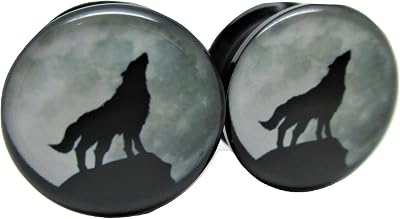 Wolf Howling at The Moon Ear Plugs - Acrylic - Screw-On - New Pair - 8 Sizes