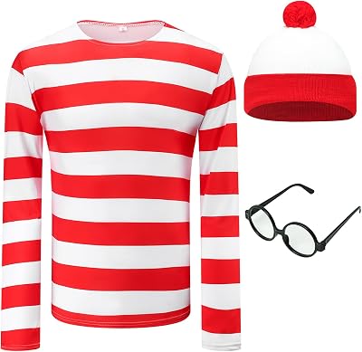 Adult Men Red and White Striped Tee Shirt Glasses Hat Outfit Suit Set, Halloween Cosplay Sweatshirt Eyewear Costume