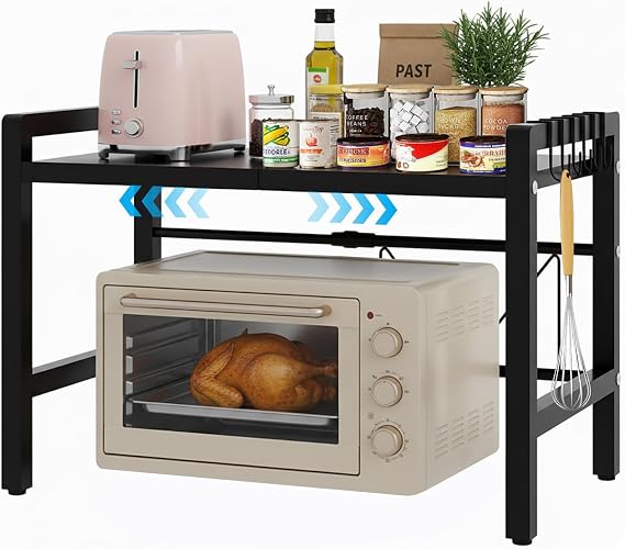 Expandable Microwave Shelf Stand with 6 Hooks, 2 Tier Microwave oven Rack, Countertop Microwave Stand Storage Holder Kitchen Corner Shelf