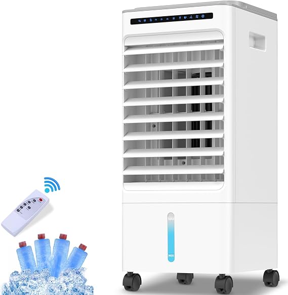 Evaporative Air Cooler, Yovikin 4-IN-1 Portable Air Conditioner Humidifier Air Purifier Cooling Fan, Negative Ions, 3 Modes, 1-7H Timer, Remote Control, 65W Mobile Space Cooler for Home & Office [Energy Class A]
