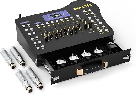 DMX Controller, 192 Channel DMX512 Controller with Drawer, Wireless DMX 4 Receivers/Transmitter, Suitable for Simultaneously Controlling 4 Lights, Party, Moving Head, Halloween
