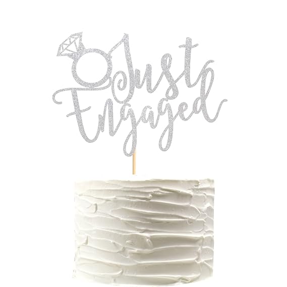 Just Engaged Cake Topper for Engagement Party Decorations, Engaged Ring Sign, Bridal Shower We're Engaged Cake Toppers - Silver Glitter