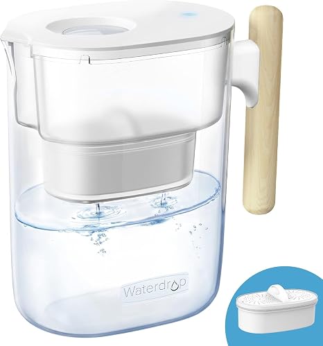 Waterdrop Water Purification Pot, Water Purifier, Water Purifier Capacity: 2.5L Total Capacity: 4L High Speed Filtration, NSF Certified, Wood Handle, Includes 1 Cartridge, Clear | 200ガロンの長寿命フィルター、5倍のフィルター寿命、PFOA/PFOSと塩素を低減、BPAフリー、頑丈な木製ハンドル。