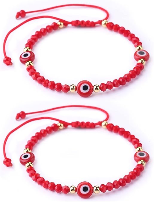 Evil Eye Beaded Bracelets for Women - Amulet Blue Red Protection Bracelet - Good Luck Adjustable Strand Bracelets