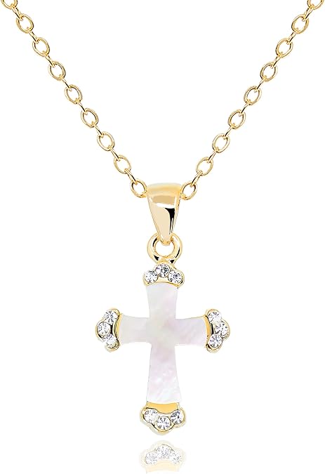 White/Black Cross Necklace for Women 14K Gold Plated White Mother of Pearl, Black Onyx Cross Pendant Non Tarnish Necklace [CXN]