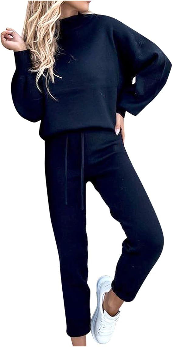 Womens Sweatsuits 2 Piece Set Airport Outfits for Women Crewneck Long Sleeve Sweatshirts Drawstring Pants Tracksuits