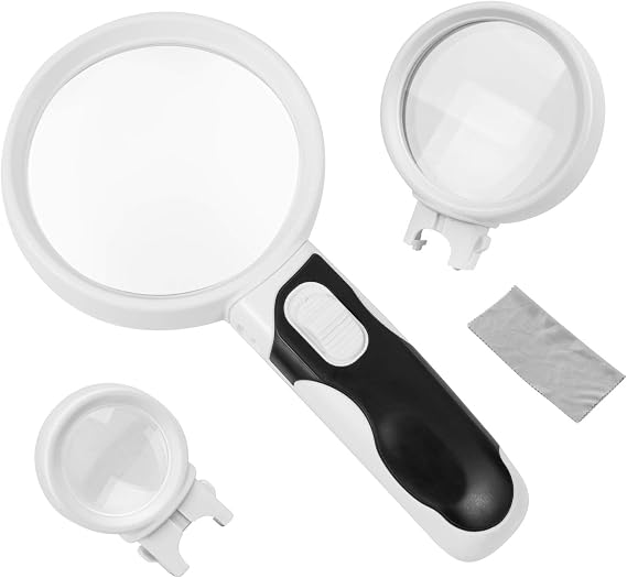 Magnifying Glass with Light, LED Illuminated Magnifying Glass Set, 3-Lens Interchangeable(16X-5X-2.5X), Handheld Magnifier for Seniors, Macular Degeneration, Reading and Hobbyists