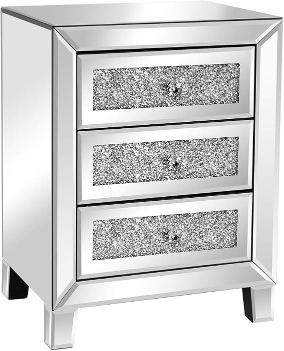 VINGLI Mirrored Nightstand with 3 Drawers Modern End Table Bed Side Table with Mirrored Finish, 17.72-inch W x 13.78-inch D x 23.62-inch H, Silver