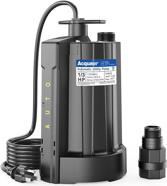 Acquaer 1/3 HP Automatic Submersible Water Pump, 2160 GPH Sump Pump, 115V