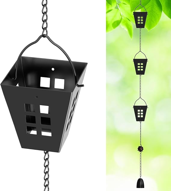 Rain Chains for Outside, Copper Plated Lotus Rain Chain Cups, Adjustable Rain Catcher Chain with Bell for Eaves Drainage, Replacement for Downspout (Black Grid)