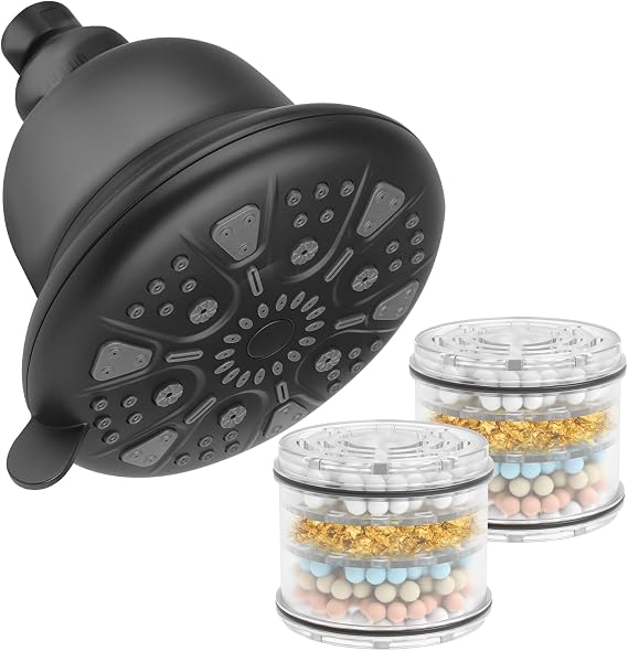 MakeFit Filtered Shower Head Matte Black Bundle with 2-PACK Shower Filter Replacement Cartridge