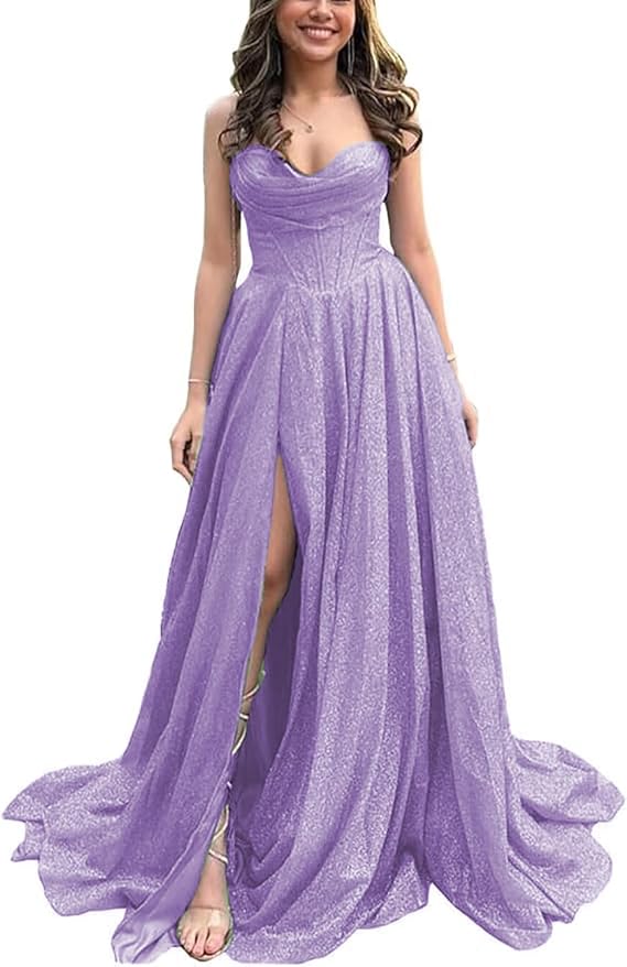 Glitter Satin Prom Dresses Sparkly Formal Ball Gown Spaghetti Strap Evening Dress with Slit