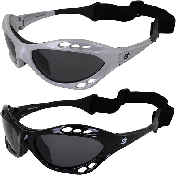 Eyewear Seahawk Polarized Sunglasses Jet Ski Goggles Sport Kite-Boarding, Surfing, Kayaking 2 Pairs Black Frame and Silver Frame with Smoke Lenses