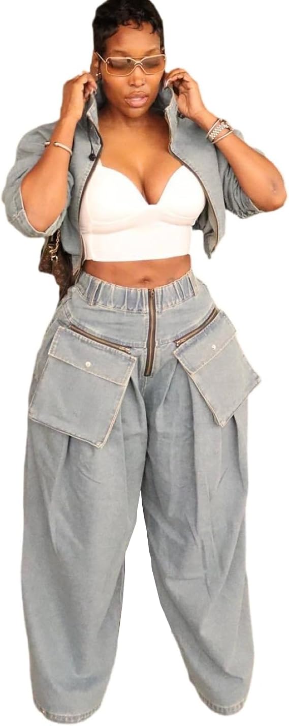 Womens Fall 2 Piece Outfits Zip Up Long Sleeve Crop Jean Jacket Wide Leg Cargo Pants Suit Denim Set