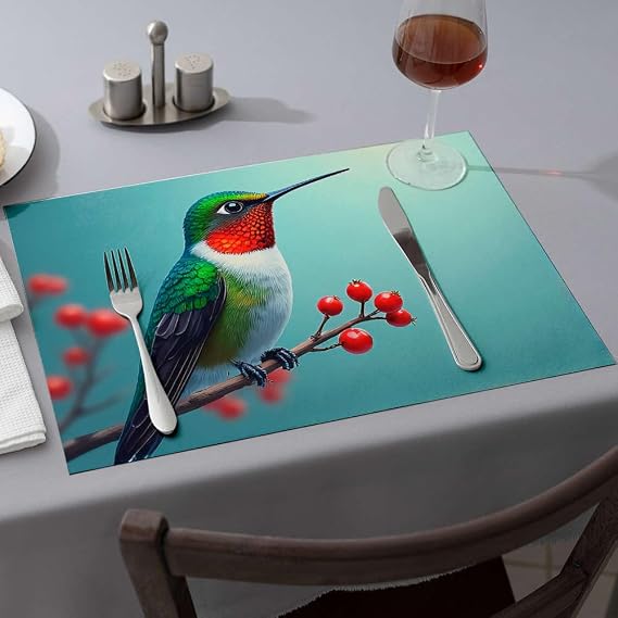 Table Runner A Colorful Hummingbird Perches On A Branch With Red Berries. Dining Place Mats Comedor Home Decor(6PCS)