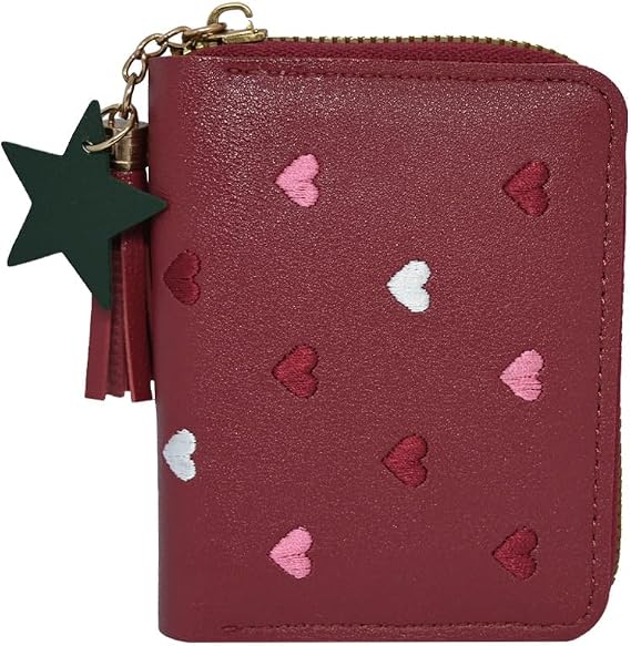 Women's Wallets, Heart-Pattern Wallet for Women with Small Coin Pouch, Womens Leather Wallet Card Holder Ladies Wallets with Card Slots& Star Pedant (Red, S)