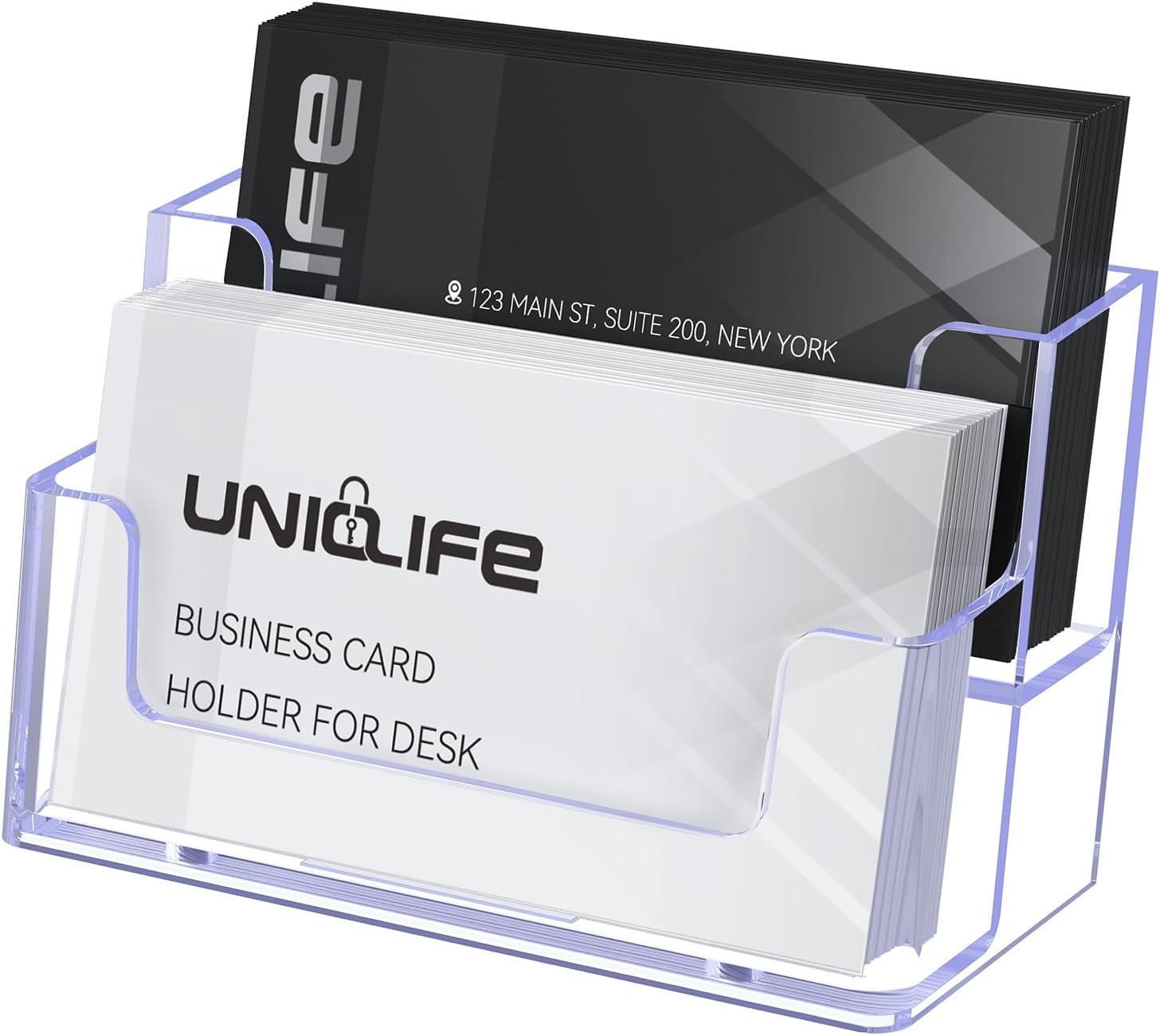 Uniclife Acrylic Business Card Holder for Desk 2 Slots Clear Business Card Display Stand for Men and Women 120 Card Capacity