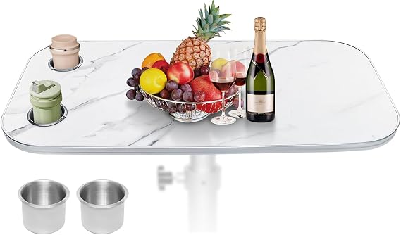 RV Table Top Replacement, 31.5x15.7Inch Rectangular Camper Pontoon Boat RV Table Top with 2ps Cup Holder, Sturdy Plywood with Silver Metal Trim for RV, Yacht, Camper, Marine