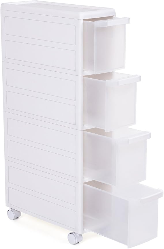 Songmics 4 Drawer Shelf, 4 Tiers 2 Separate Pieces Usage, Kitchen Shelf Bathroom Shelf Stand Wheeled Niche Shelf 84.5cm Height, White Kfr05W