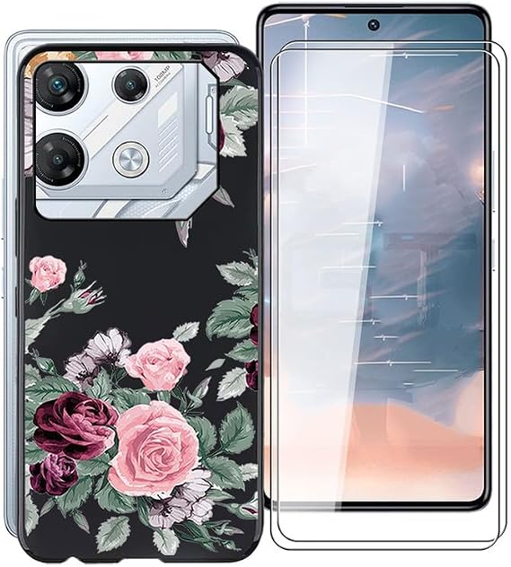 for Infinix GT 10 Pro Case, with [ 2 x Tempered Glass Protective Film], Black Soft Silicone Protection Sleeves Shockproof Bumper Case for Infinix GT 10 Pro (6.67") - Rose Flower